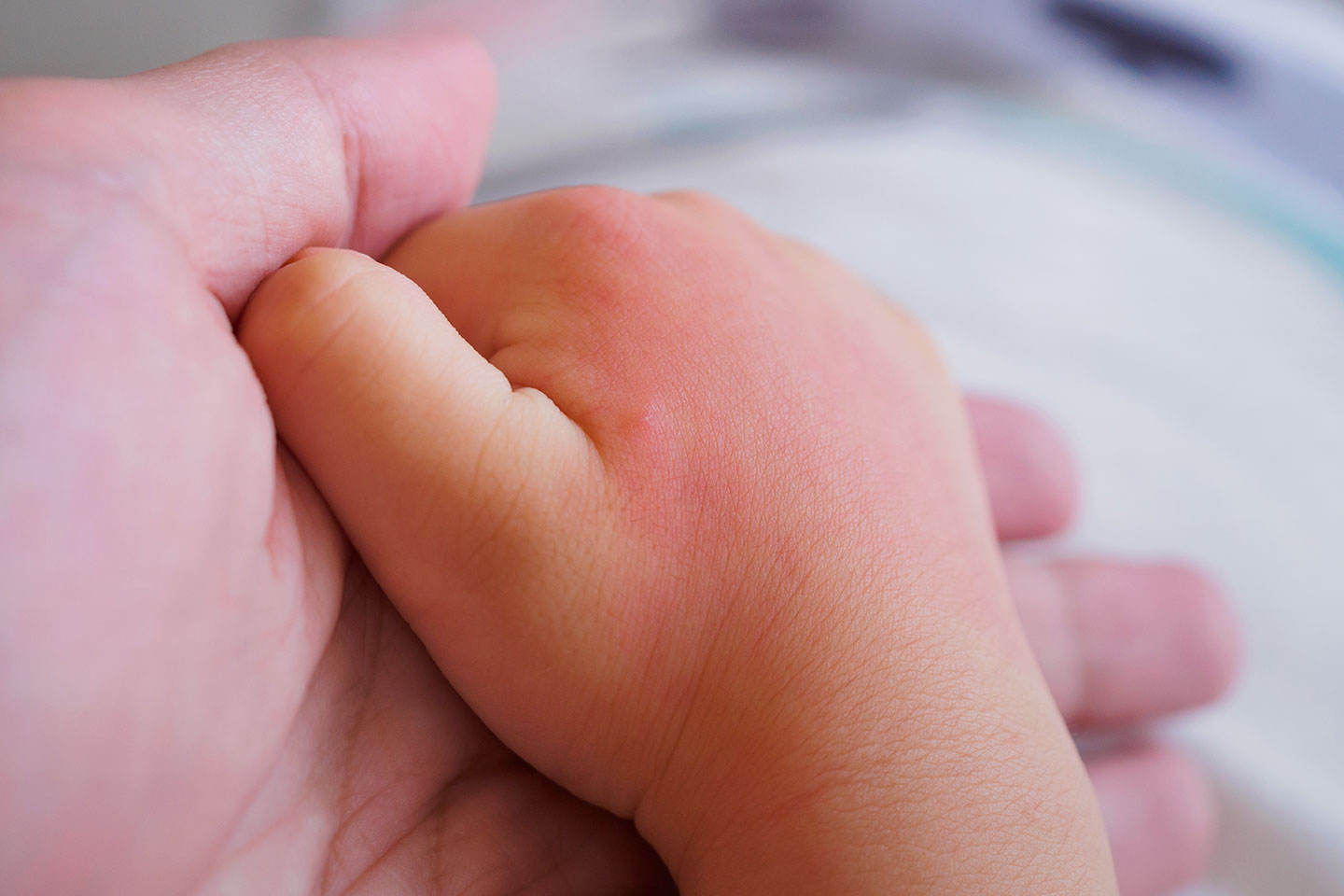 A child's hand holding a baby's hand.